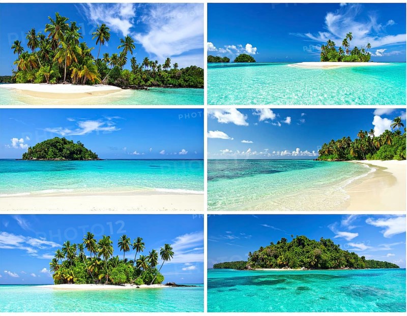 Collage of tropical islands with beach and palm trees, paradise with blue cloudy sky, turquoise water, green plant, sandy shore, wallpaper illustration, template or banner for ecology, sustainability, landscape and travel, AI generated