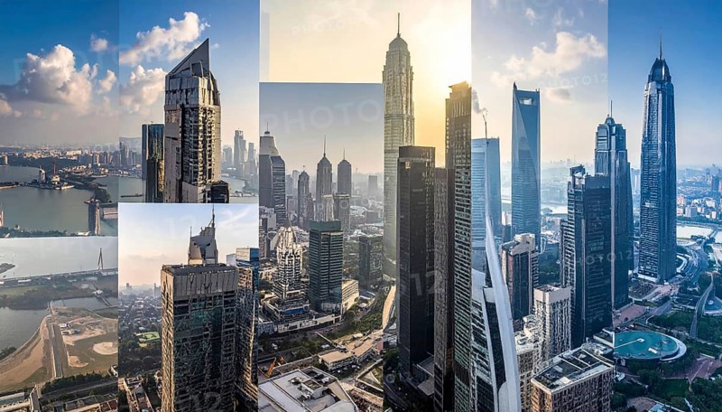 Collage of skyscrapers of a metropolitan city, various skylines with different blue sky in sunset, urban wallpaper illustration background, banner or template for real estate and travel themes, AI generated