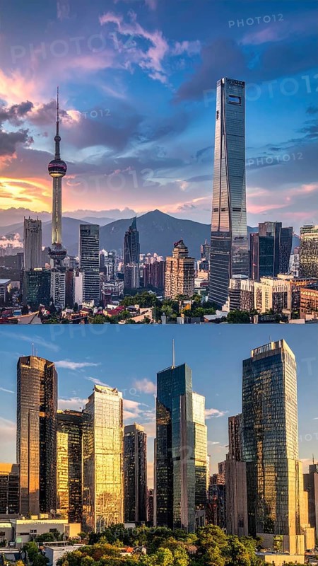Collage of skyscrapers of a metropolitan city, various skylines with different blue sky in sunset, urban wallpaper illustration background, banner or template for real estate and travel themes, AI generated
