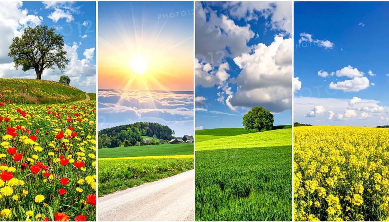 Collage of spring and summer landscapes, blooming flowers, green meadows and trees, hilly landscape with mountains, blue cloudy sky with sunrise or sunset, wallpaper illustration for banner or template background, AI generated