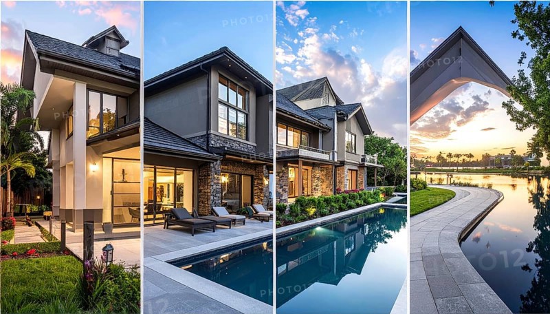 Collage of real estate residential building, modern architecture style, surrounded by green garden, variety of apartments, villas and luxurious homes. blue cloudy sky with sunset or sunrise, conceptual illustration, wallpaper for banner, poster or template, AI generated