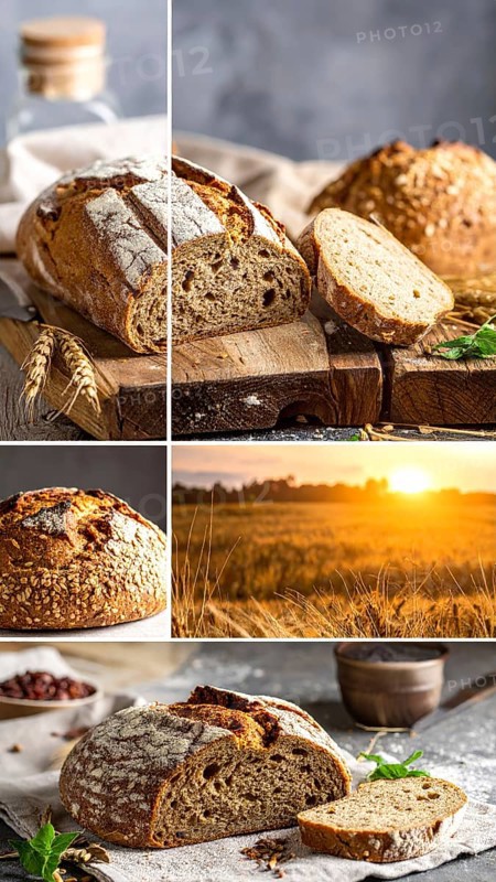 Collage of rustic loaf of whole grain bread, bread on dark rustic wooden table, great variety of grain and whole wheat bread, illustration wallpaper for bakery and healthy food lifestyle, AI generated