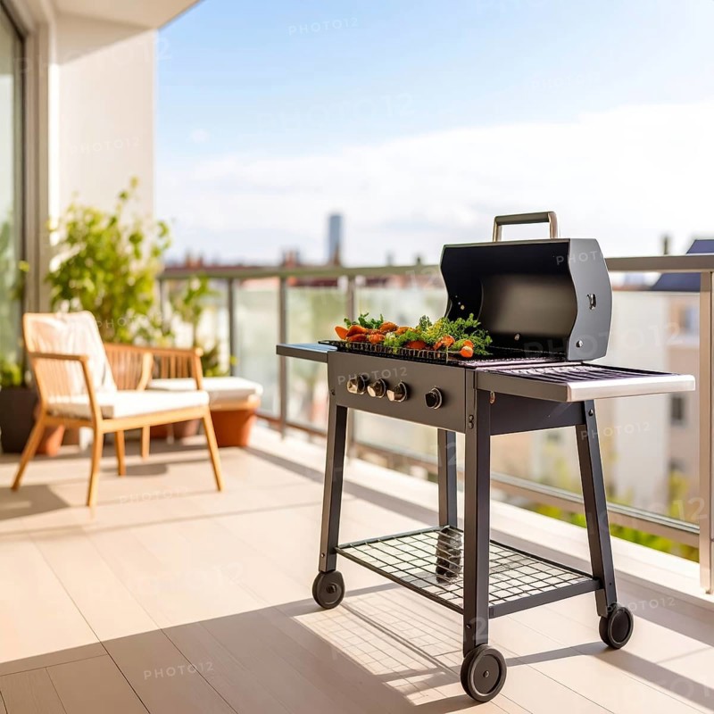 Cooking vegetables on grill on the balcony, healthy lifestyle, vegetarian barbeque, leisure time in summer, suburban setting with blurred background, soft golden light of evening, blue sky, AI generated