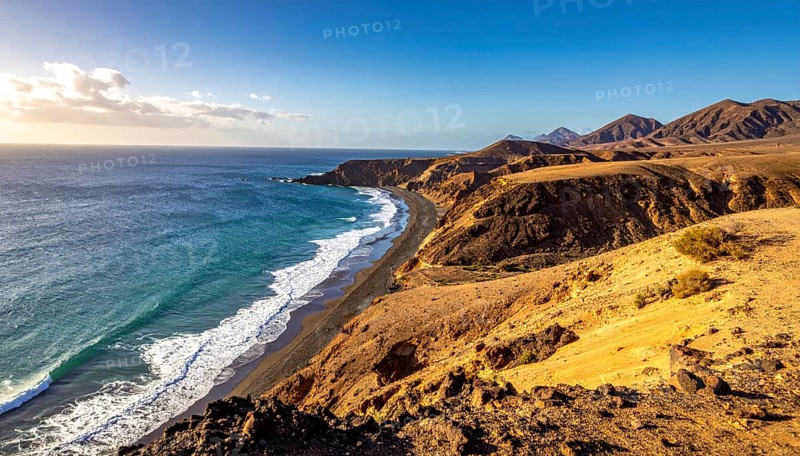 Desert landscape converges with ocean along a rugged coastal area, shore break at cliffs, blue cloudy sky at sunset, dry landscape in an aerial drone view, AI generated