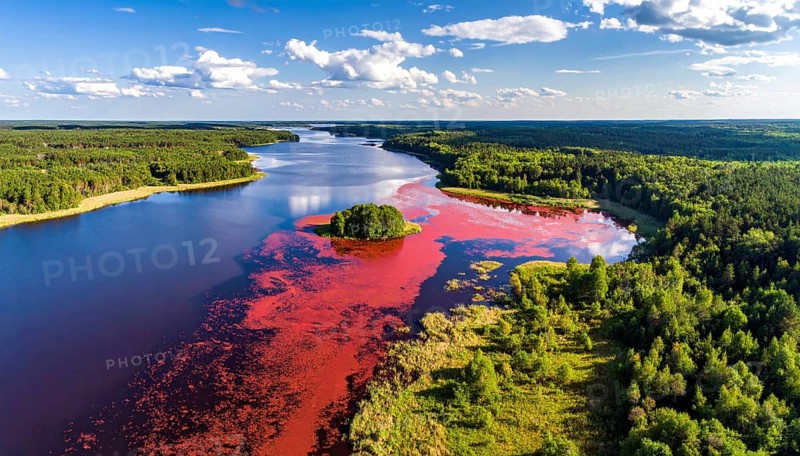 Red algae plant on the lake. abstract ecology nature concept, wild landscape with vibrant red colored water and green forest on a sunny day in summer, Aerial view, wilderness nature with no people around, AI generated