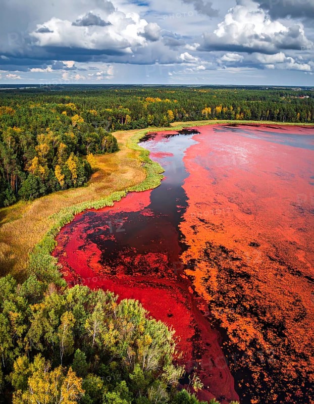 Red algae plant on the lake. abstract ecology nature concept, wild landscape with vibrant red colored water and green forest on a sunny day in summer, Aerial view, wilderness nature with no people around, AI generated