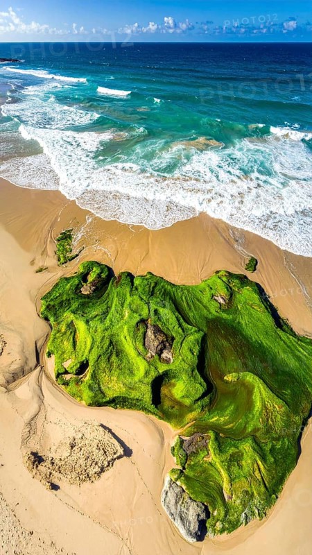 Green algae on the sandy shore of an ocean. Fascinating phenomenon of wild coastline with green plants, white sands, stone, blue water and cliffs, Aerial view of a beautiful abstract unreal and textured landscape, AI generated