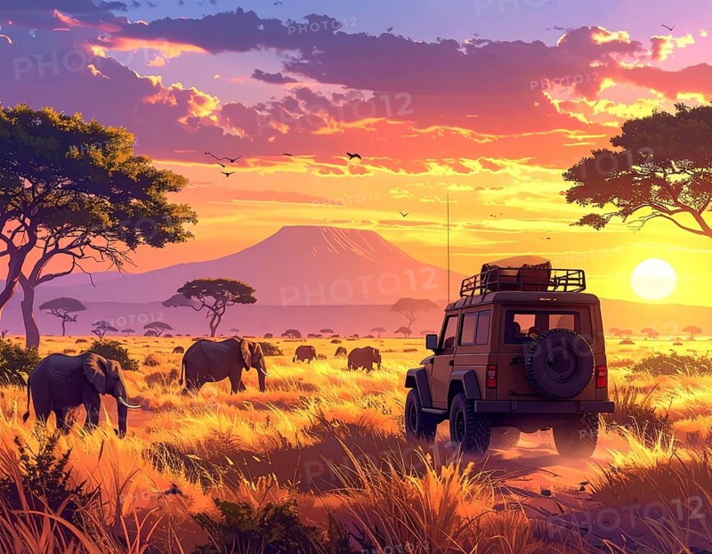 African savannah sunrise with a jeep safari and elephants, AI generated