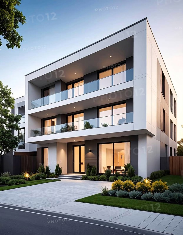 New modern block of flat, condo architecture, Residential apartment as a flat, luxury house complex, City real estate property, green garden plants in front, clear blue sky with golden evening light, AI generated