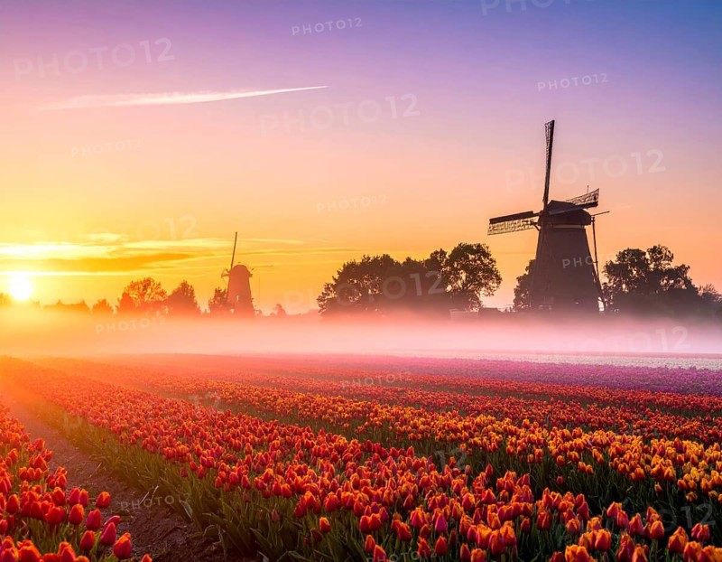 Fog covered landscape in sunrise with tulip fields and windmill in background, AI generated