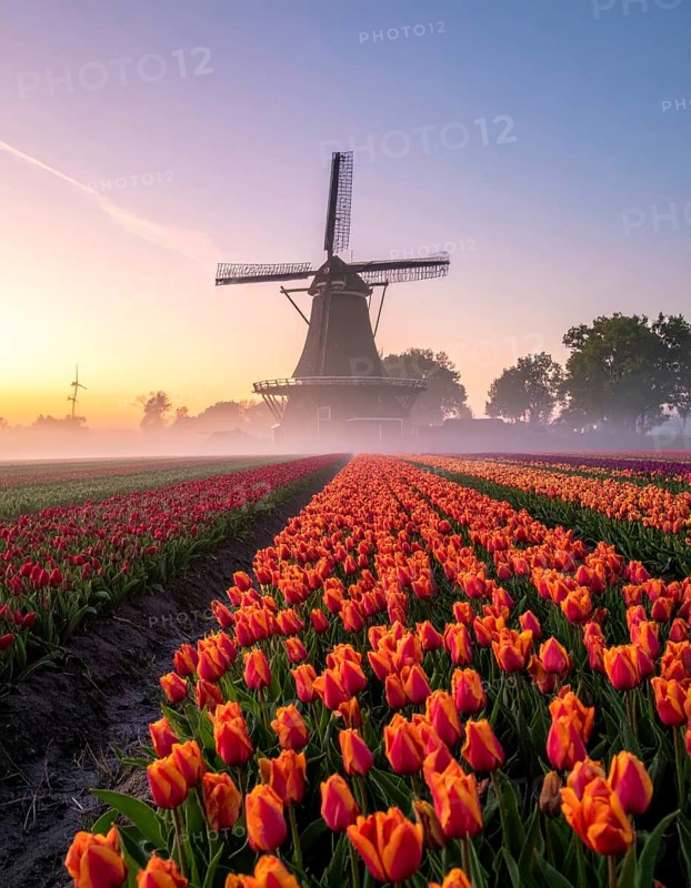 Fog covered landscape in sunrise with tulip fields and windmill in background, AI generated