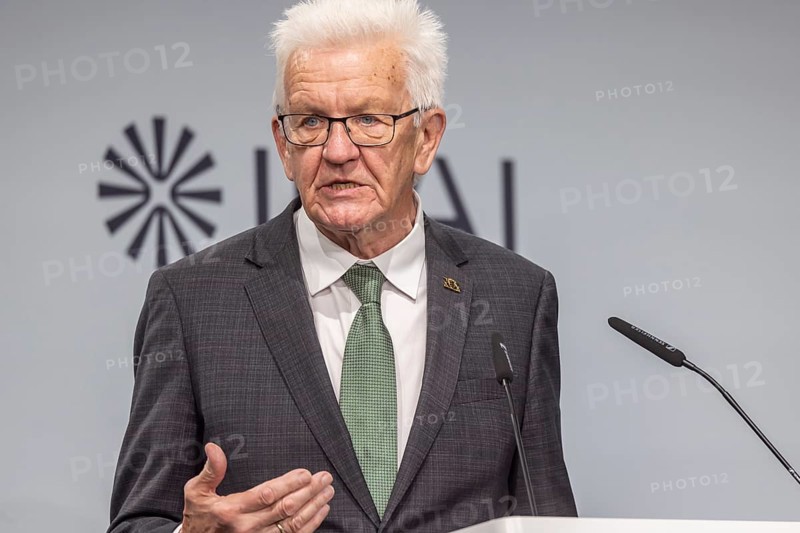Winfried Kretschmann (Greens), Minister-President of Baden-Württemberg. portrait at the lectern with free text space. ground-breaking ceremony ceremony for the Innovation Park for Artificial Intelligence (IPAI), Heilbronn, Baden-Württemberg, Germany