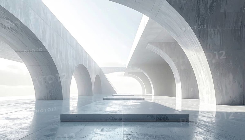 3d illustration of abstract modern architecture background, Minimal geometry architectural design, futuristic car presentation backdrop with empty concrete floor and clear simple lines, white and grey color tones, AI generated