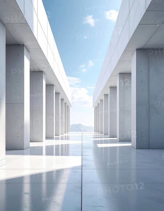 3d illustration of abstract modern architecture background, Minimal geometry architectural design, futuristic car presentation backdrop with empty concrete floor and clear simple lines, white and grey color tones, AI generated
