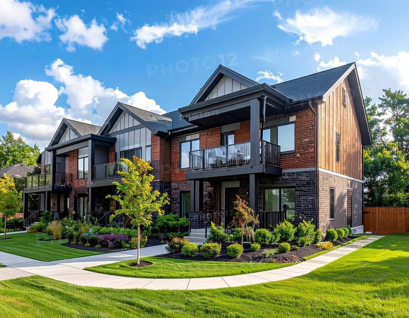 Modern apartment building with balconies and well-kept landscaping at sunset, Modern multifamily housing property with brick, siding facade features balconies, manicured lawns. Contemporary residential buildings offer urban living spaces, condominium options in scenic town, blue sky with a colorful sunrise, AI gererated, AI generated