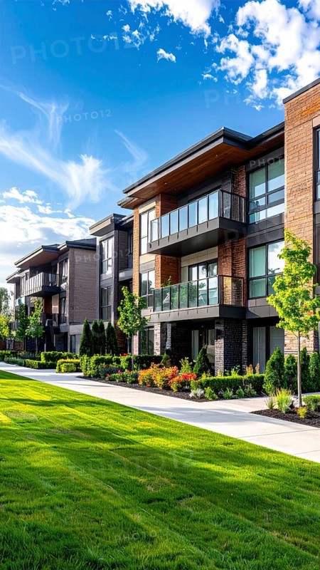 Modern apartment building with balconies and well-kept landscaping at sunset, Modern multifamily housing property with brick, siding facade features balconies, manicured lawns. Contemporary residential buildings offer urban living spaces, condominium options in scenic town, blue sky with a colorful sunrise, AI gererated, AI generated