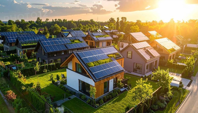 Aerial view showcases modern houses with solar panels and green roofs in a suburban setting, vibrant sunrise with blue sky, AI generated