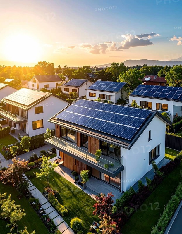 Aerial view showcases modern houses with solar panels and green roofs in a suburban setting, vibrant sunrise with blue sky, AI generated