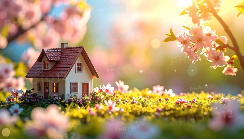 A miniature house surrounded by blooming cherry blossoms and warm sunlight, creating a peaceful and idyllic spring atmosphere, toy house on blossom cherry flowers, spring natural background. concept of mortgage, construction, rental, family and property, AI generated