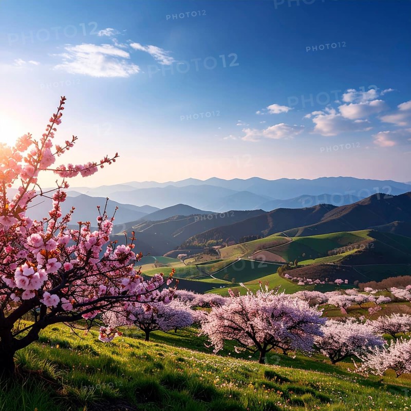 Landscape with a blooming apricot tree, idilyc spring nature, green grass and mountains in background, blue cloudy sky in sunset web banner spring time concept, AI generated