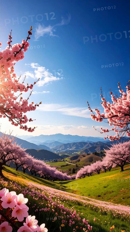 Landscape with a blooming apricot tree, idilyc spring nature, green grass and mountains in background, blue cloudy sky in sunset web banner spring time concept, AI generated
