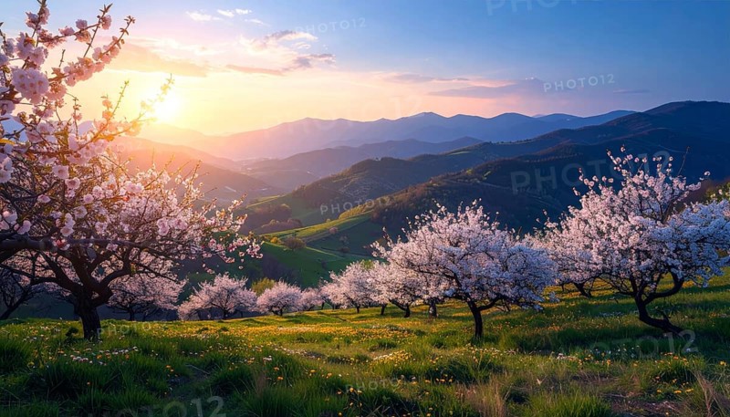 Landscape with a blooming apricot tree, idilyc spring nature, green grass and mountains in background, blue cloudy sky in sunset web banner spring time concept, AI generated