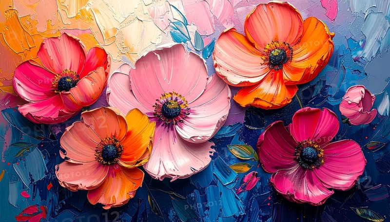 Closeup of abstract rough colorful multicolored organic floral spring flowers art painting texture, with oil acrylic brushstroke, pallet knife paint on canvas wallpaper, AI generated