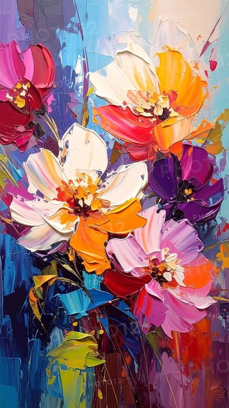Closeup of abstract rough colorful multicolored organic floral spring flowers art painting texture, with oil acrylic brushstroke, pallet knife paint on canvas wallpaper, AI generated
