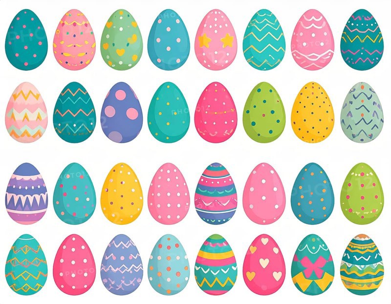 Set of easter eggs flat design on white background, abstract vector wallpaper illustration, banner for springtime, AI generated