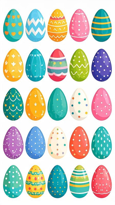 Set of easter eggs flat design on white background, abstract vector wallpaper illustration, banner for springtime, AI generated