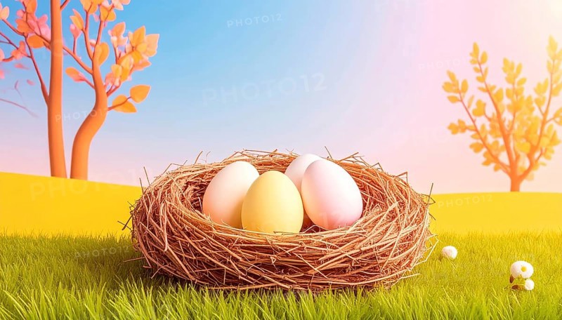 Nest with easter eggs in grass on a sunny spring day, Easter wallpaper decoration drawing, banner, panorama, background, abstract vector illustration, AI generated