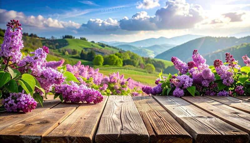 Beautiful Spring Lilacs Bloom Over Wooden Table with Rolling Hills in Background, sunrise at horizon, AI generated