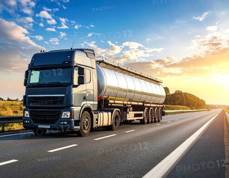 Petrol cargo truck lorry tanker driving on highway hauling oil products at sunrise, wide hilly landscape, AI generated