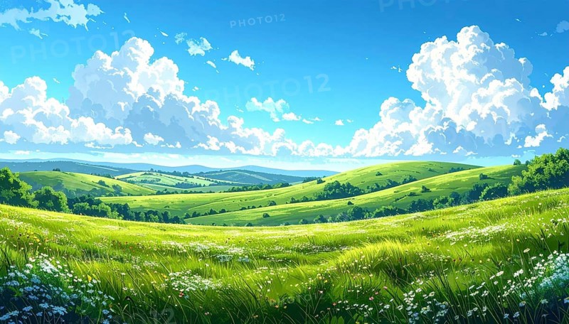 Fresh summer hilly Landscape with blooming Meadow, green plants, Blue Sky with cloudy sky, serene nature background, abstract vector illustration, AI generated