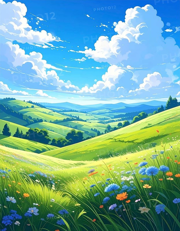 Fresh summer hilly Landscape with blooming Meadow, green plants, Blue Sky with cloudy sky, serene nature background, abstract vector illustration, AI generated