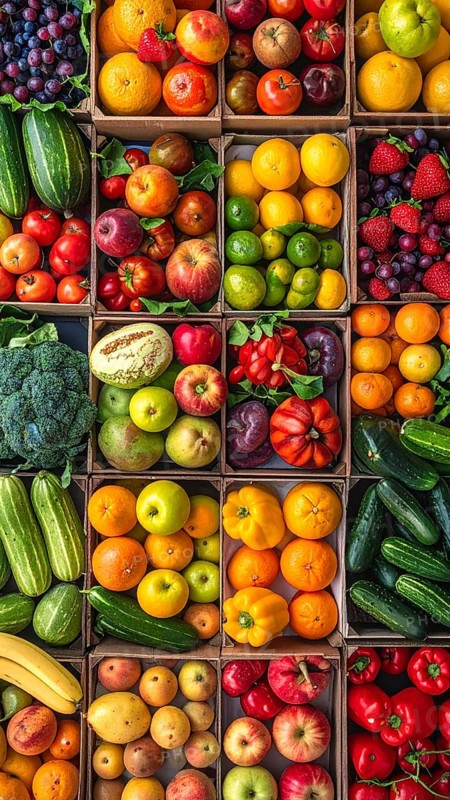 Fresh fruits and vegetables in a market display, aerial view perpendicular top down, healthy eating and lifestyle, AI generated