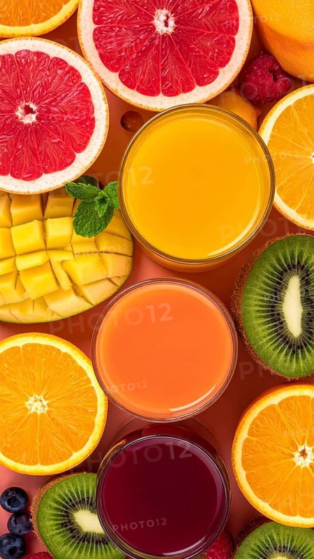 Fresh fruit juices in glasses, surrounded by colorful fruits, showcasing healthy drinking and eating, fitness and wellness lifestyle, AI generated