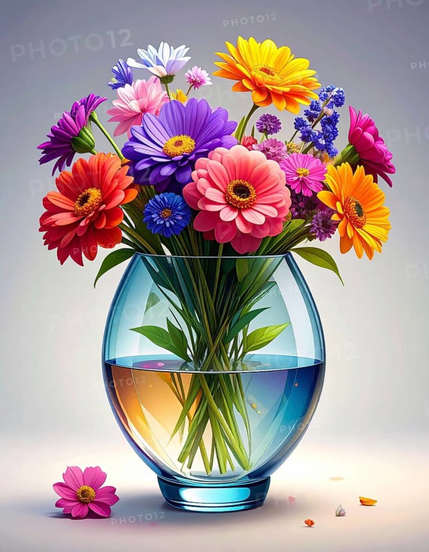 Crystal glass vase with vibrant blooming flowers, vibrant vector drawing illustration for fresh spring background, AI generated