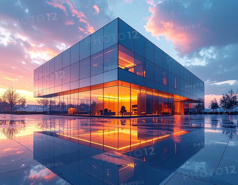 Modern building reflecting sunset light at dusk. Abstract Futuristic Business Background, AI generated
