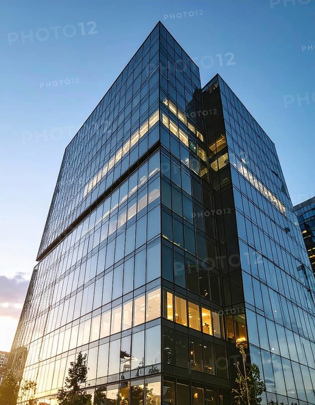 Modern building reflecting sunset light at dusk. Abstract Futuristic Business Background, AI generated