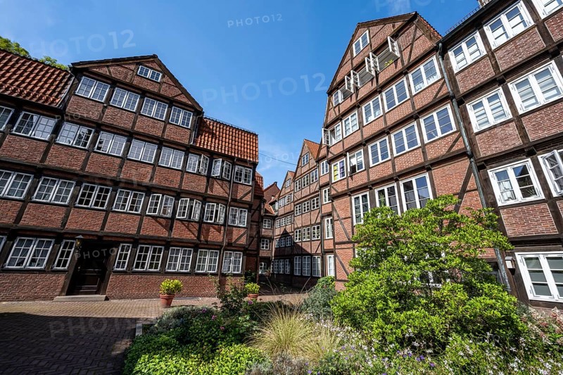 Facades of the historic brick buildings, inner courtyard, view over the city, Peterstraße, composers' quarter, Neustadt, Hamburg, Germany