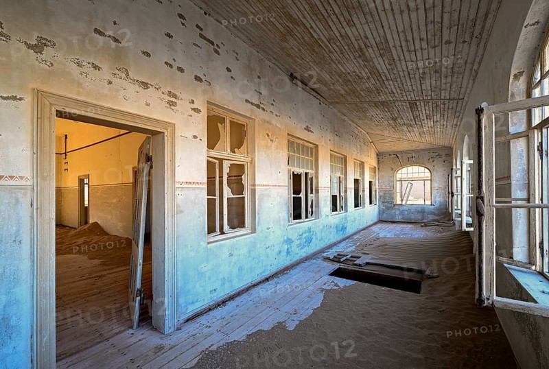 Former dwelling house full of sand, Kolmanskop, restricted diamond area, Karas region, Namibia