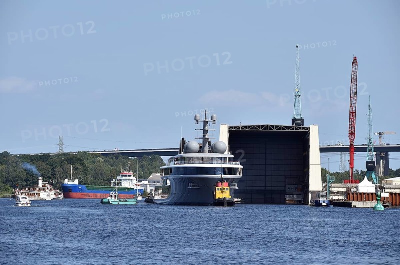 Superyacht COSMOS is undocked from the Lürssen shipyard, Kiel Canal, Kiel Canal, Kiel Canal, Rendsburg, Schleswig-Holstein, Germany