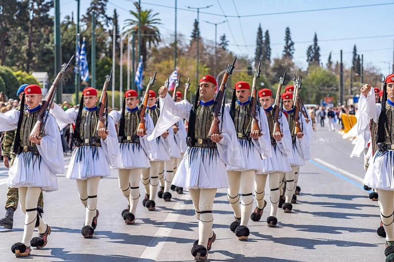 The traditional changing of the guard of the Evzones in front of the Greek Parliament in the Greek capital Athens, Greece