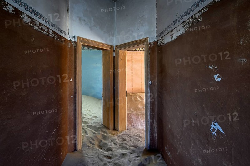 Sand mountains in a former dwelling house, interior photograph, Kolmanskop, restricted diamond area, near Lüderitz, Karas region, Namibia