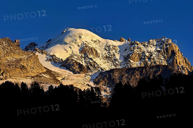 Aiguille des Grands Montets and snow-covered Aiguille Verte, Chamonix-Mont-Blanc, Haute-Savoie, France