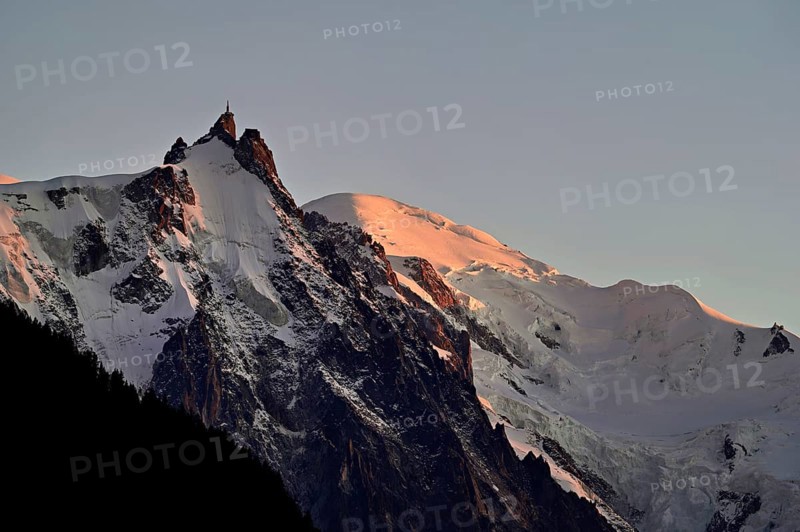 From left snow-covered Aiguille du Midi, Mont-Blanc, Vallot Hut, Chamonix-Mont-Blanc, Haute-Savoie, France
