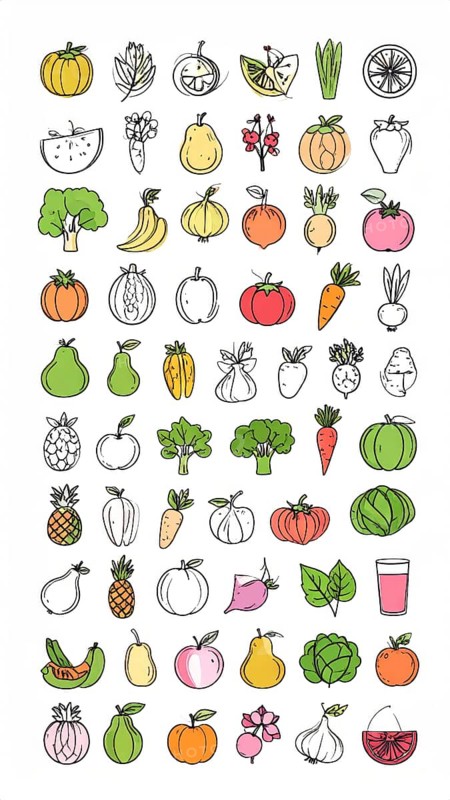 Spring and summer fruit and vegetable element set, vector illustration, AI generated