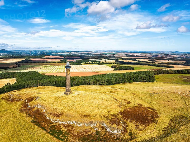 Waterloo Monument over Scottish fields and farms from a drone, Jedburgh, Scotland, UK