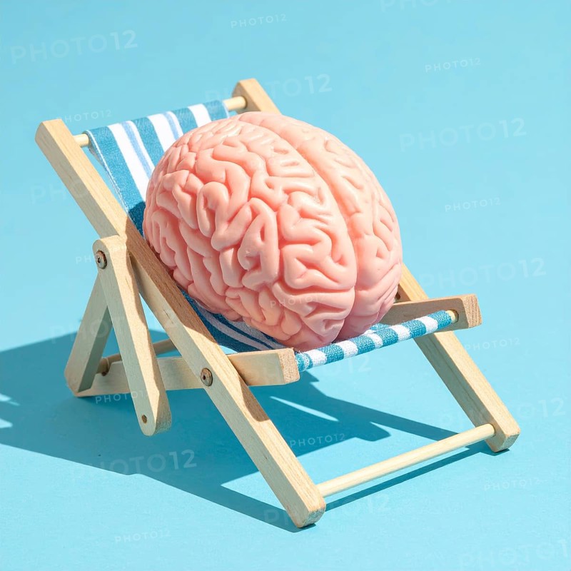 Brain relaxes on a sunbed under the summer sun, placed on a flat surface, symbol for mental health, AI generated